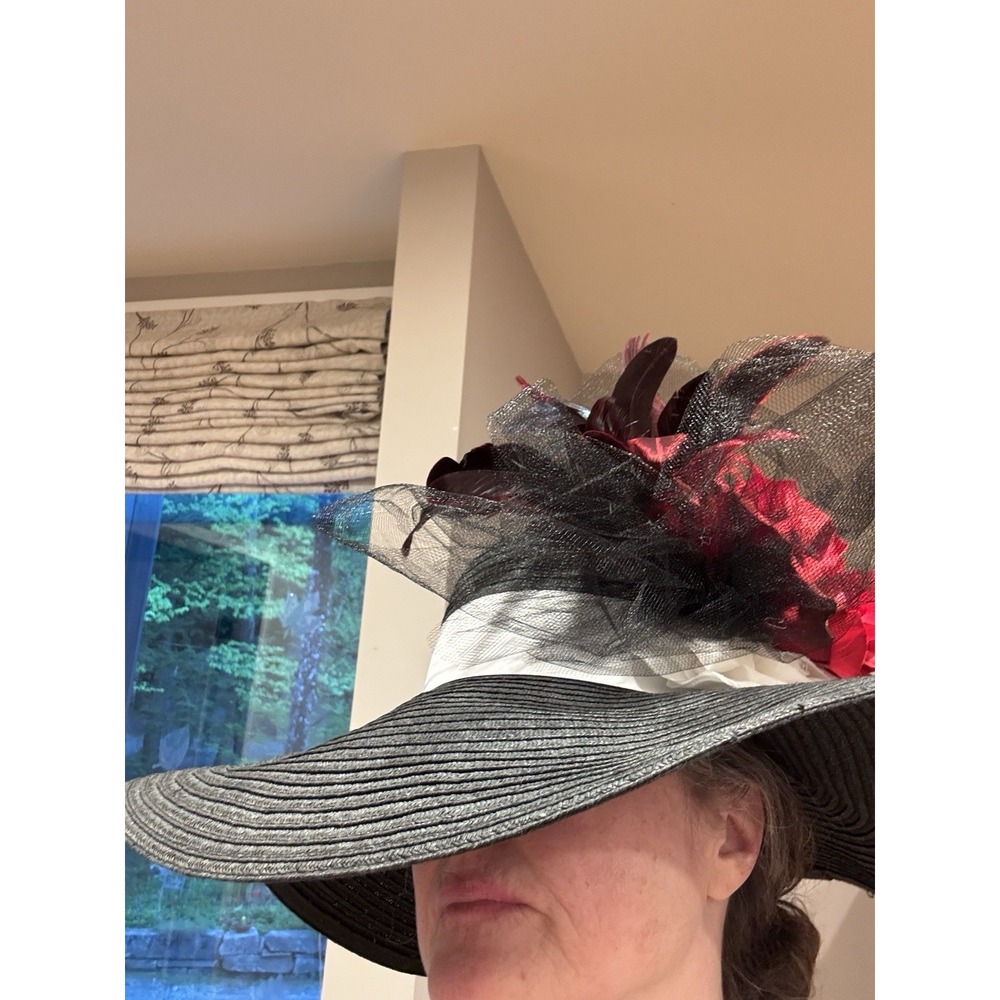 Ralph Lauren Black straw hat with feathers and Red flowers English Wedding